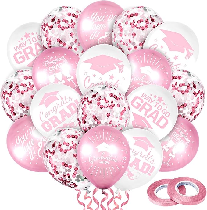 Whaline 60Pcs Graduation Party Balloon Set 7 Designs Confetti Latex Balloon with 2 Rolls Ribbon Grad Cap Congrats Grad Balloon for Graduation Party Decoration Supplies (Pink, White)