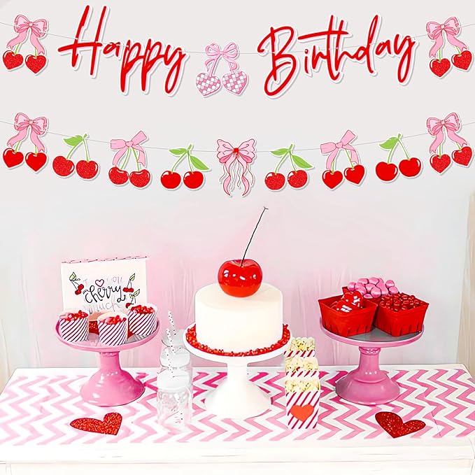 Pre-Strung Cherry Birthday Decorations, NO DIY Happy Birthday Banner, Cherry and Bows Themed Party Supplies