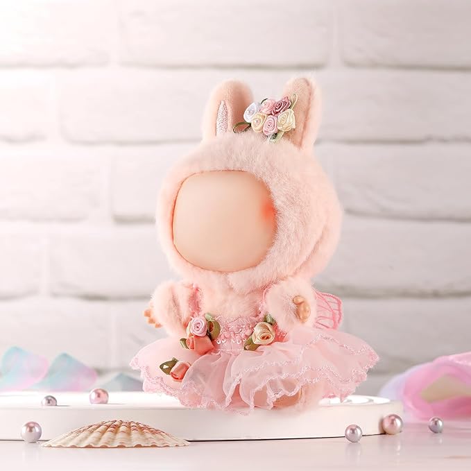 Doll Clothes for Labubu 17cm Have a Seat & Exciting Macaron & Big into Energy Series Dolls, Adorable Chic Dress Set for 17cm Dolls Accessories (Pink Flower Skirt + Hairband)