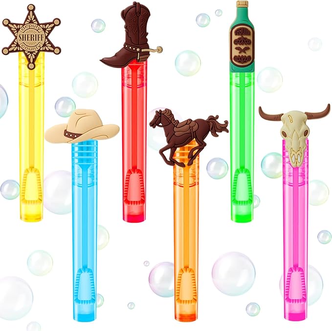 Winrayk Western Cowboy Party Favors, 24Pcs Self-designed Mini Bubble Wands for Kids Bubbles Bulk & Detachable Topper (6 Styles & Colors), Birthday Gift Pinata Filler Goodie Bag Stuffer Classroom Prize