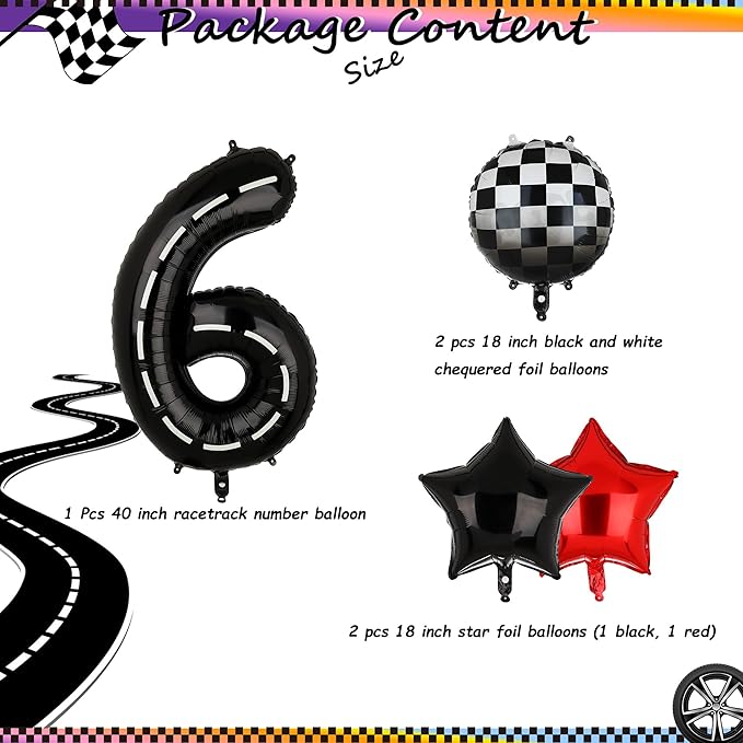 Race Car Birthday Balloons 40 Inch Racetrack Number Balloon 6 Black Boys 6st Birthday Race Car Theme Party Decor Supplies 5 Pcs