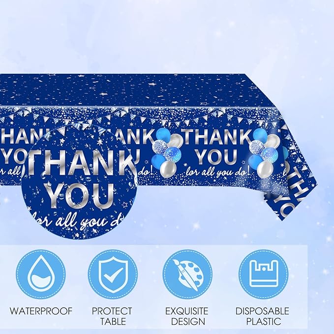41Pcs Blue Silver Thank You Decorations Thank You for All You Do Tableware Disposable Paper Plates Napkins Tablecloth丨Teacher Employee Staff Doctors Nurse Pastor Appreciation Week Party Decor