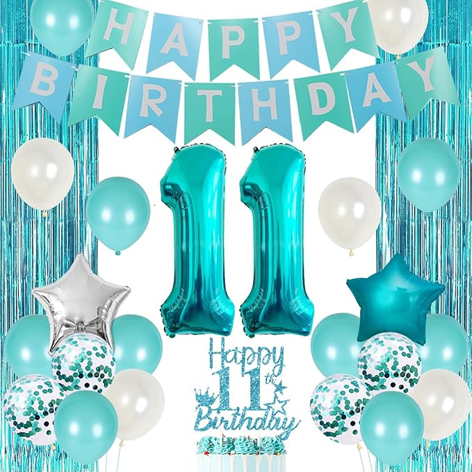 11th Birthday Decorations for Girls Teal - Happy 11th Birthday Decorations Eleventh Cake Topper Teal Fringe Curtain Turquoise Banner Number 11 Foil Balloon, 11 Year Old Girl Party Decor