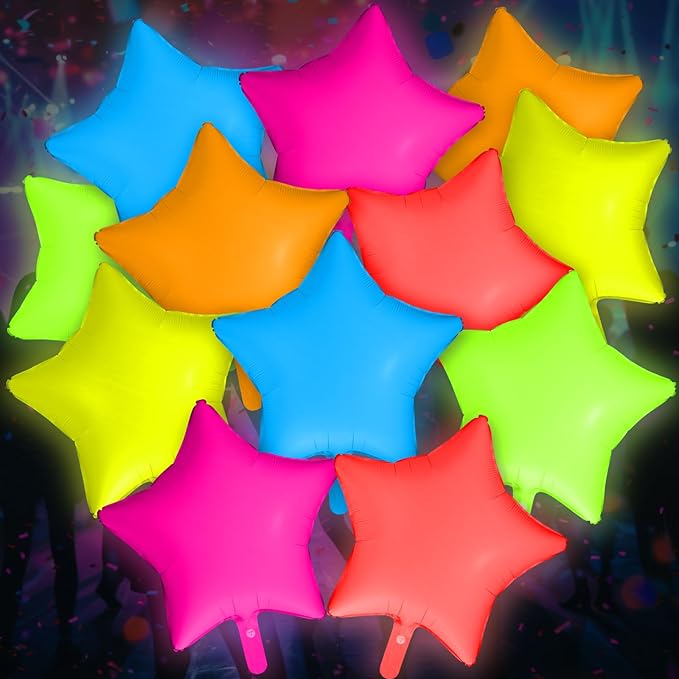 12 Pcs 22 Inches Star Glow in the Dark Neon Balloons Glow Party Supplies Neon Foil Balloons 90 80s Hip Hop for Halloween Christmas Birthday Wedding Anniversary Backdrop Decor