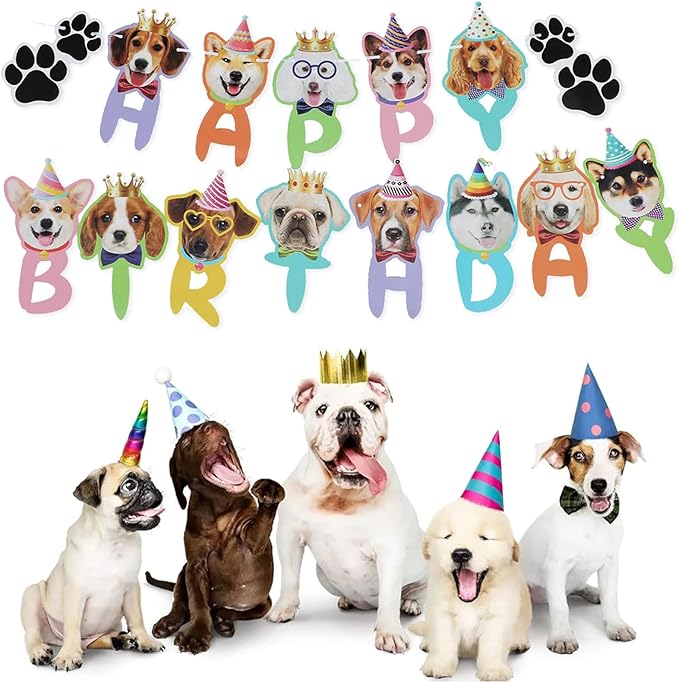 Lets Pawty Dog Birthday Party Decorations Boy Girl, Pawty Puppy Themed Happy Birthday Banner, Dog & Paw Print Balloons, Cake Toppers (Blue)