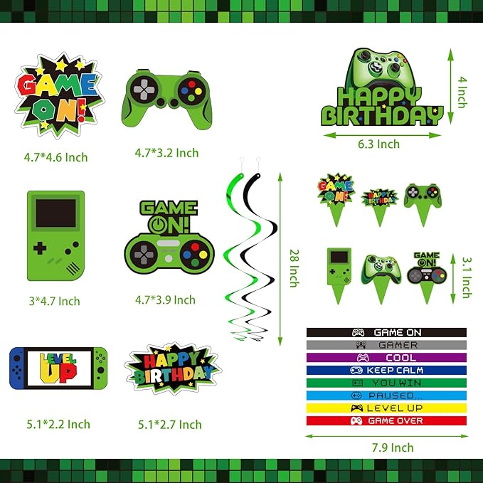 Green Gamer Birthday Party Decoration - 217Pcs Video Game Gaming Party Supplies For Boys Birthday Party - Backdrop, Table Cover, Plates, Cups, Napkins, Utensils, Hanging Swirls, Cupcake Topper, Cake