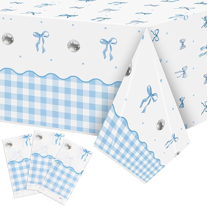 Blue Bow Party Tablecloths - 3Pcs Watercolor Blue Bow Birthday Table Cover, Disposable Plastic Rectangular Table Cloth Party Decorations for Birthday Baby Shower Wedding Supplies