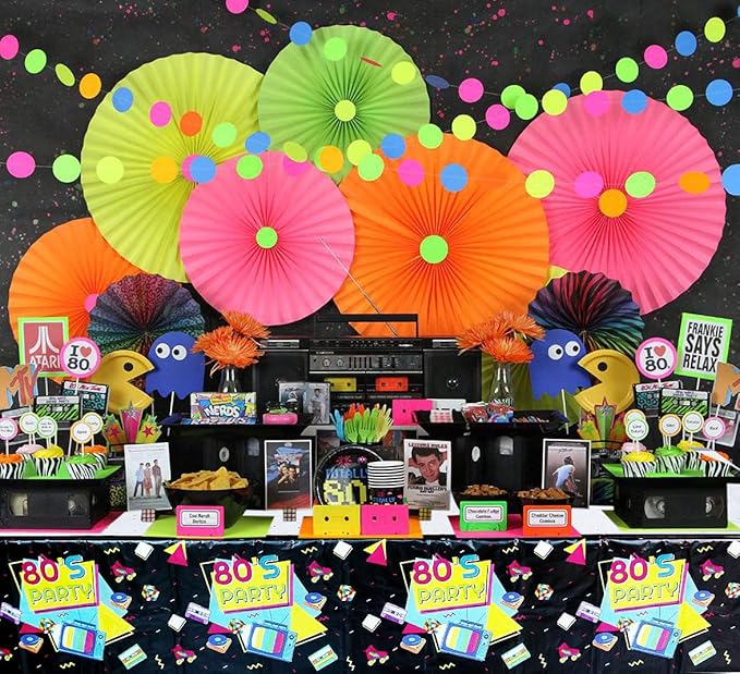 80s Party Supplies - 122 Pcs Plates, Napkins, Tablecloth Set for Back to the 80s Party Decorations - Serves 40
