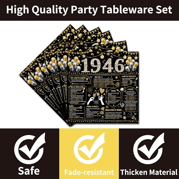 96PCS 80th Birthday Plates and Napkins Party Supplies 80th Birthday Decorations for Women Men 80th Anniversary Decorations Cheers to 80 Years Vintage 1946 Tableware Sets Serve 24 Guests