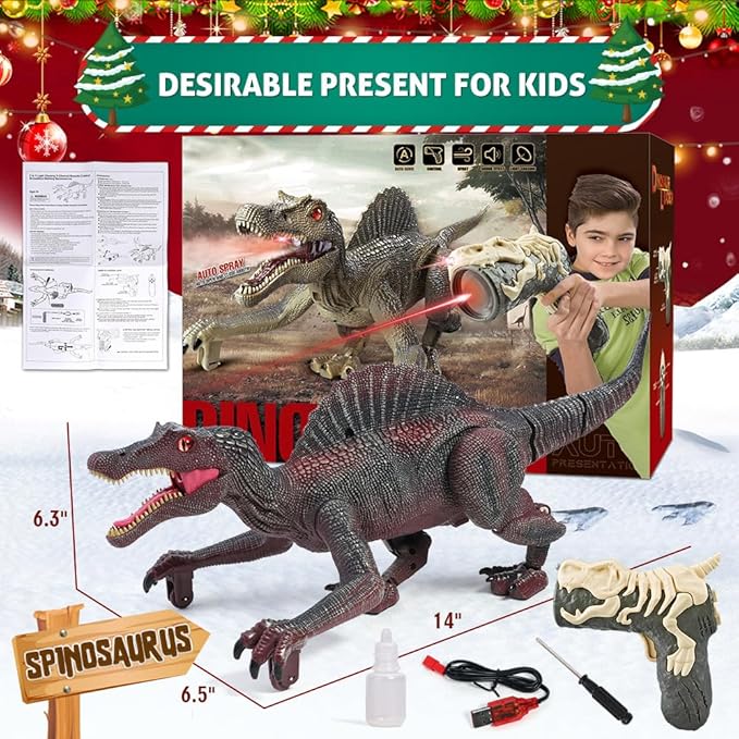 Mini Tudou Remote Control Dinosaur Toys for Kids,Light Tracing RC Jurassic Spinosaurus Toys w/Auto Spray and Realistic Light & Roaring,Walking Robot Dinosaur Toy for Boys Girls 3-5 5-7 8-12