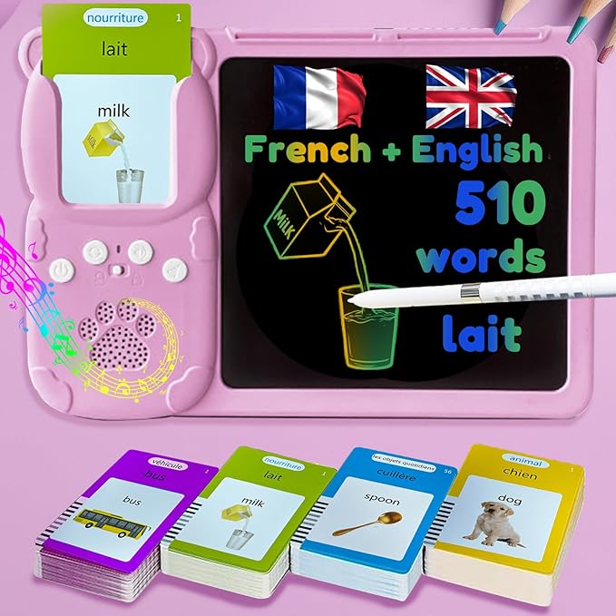 Drawing Tablet with Bilingual Flashcards for Kids - French English Talking Flash Cards, LCD Writing Pad Board, Pocket Speech for Toddlers, Learning Toy Gift for Boys Girls (French, Pink)