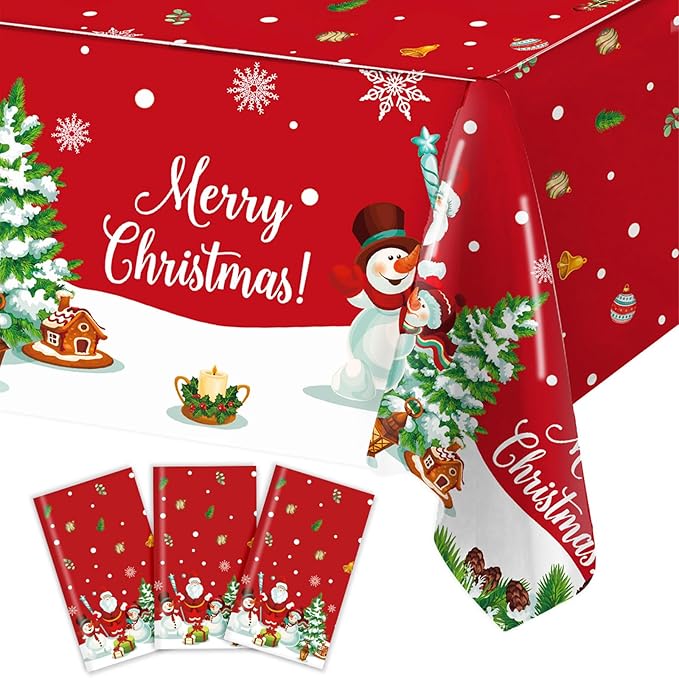 Staraise 3PCS Christmas Tablecloth, Red Rectangular Plastic Christmas Tablecloth, Winter Snowflake Snowman and Santa Claus Disposable Table Cover for Party Picnic Dinner Decor, 51.2X 86.6inch