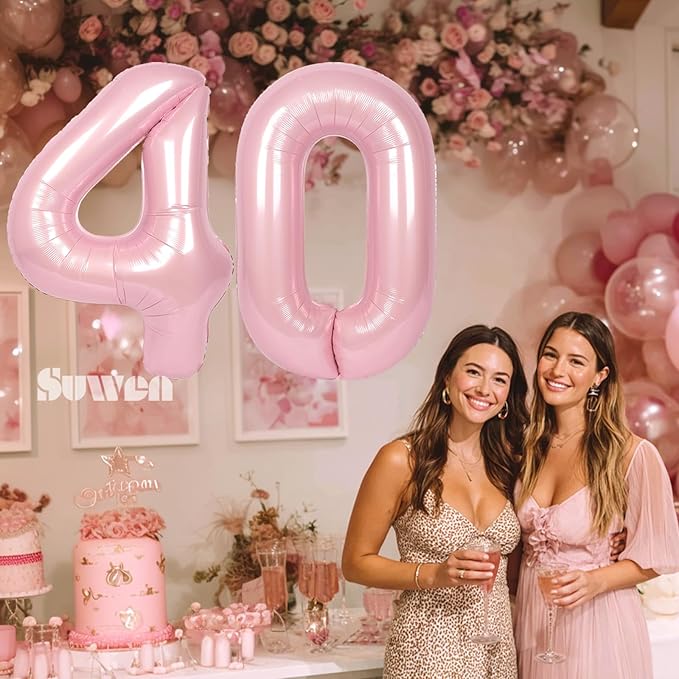 SUWEN 40 Inch Large Pink 40 Balloon Numbers Big Foil Helium Number Balloons 0-9 Jumbo Happy 40th Mylar Birthday Party Decorations for Women Anniversary Party Supplies