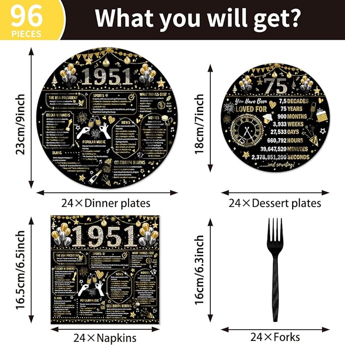 96PCS 75th Birthday Plates and Napkins Party Supplies 75th Birthday Decorations for Women Men 75th Anniversary Decorations Cheers to 75 Years Vintage 1951 Tableware Sets Serve 24 Guests
