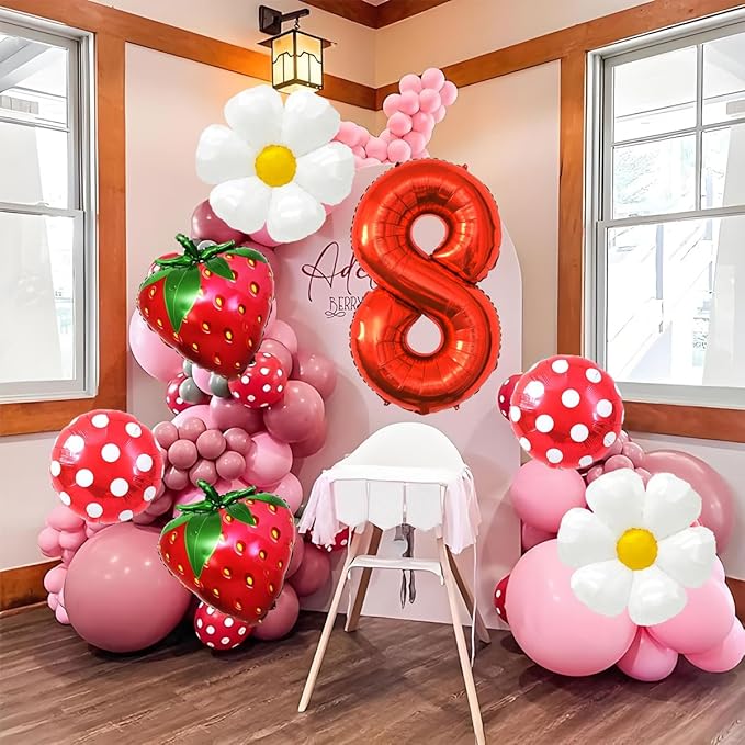 Strawberry Balloons Eighth Birthday Decorations for Girl, 40 Inch Mylar Red Number 8 Balloons, Strawberry Balloon for Strawberry Party Decorations, Strawberry Birthday Decorations
