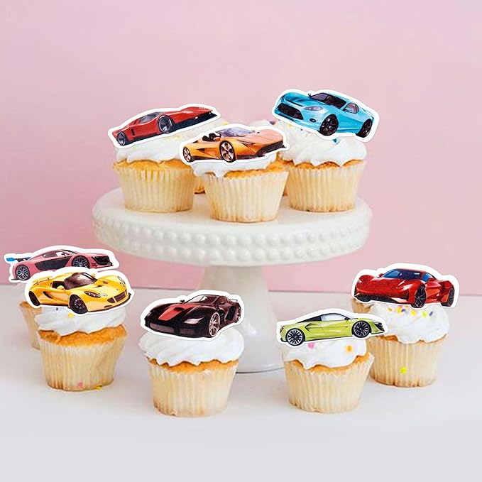 45PCS Edible Wafer Paper Race Car Cupcake Toppers Car Party Decoration Drink Topper Birthday Party Supplies Car Themed Party Boys and Girls' Birthday Party Cake Decoration