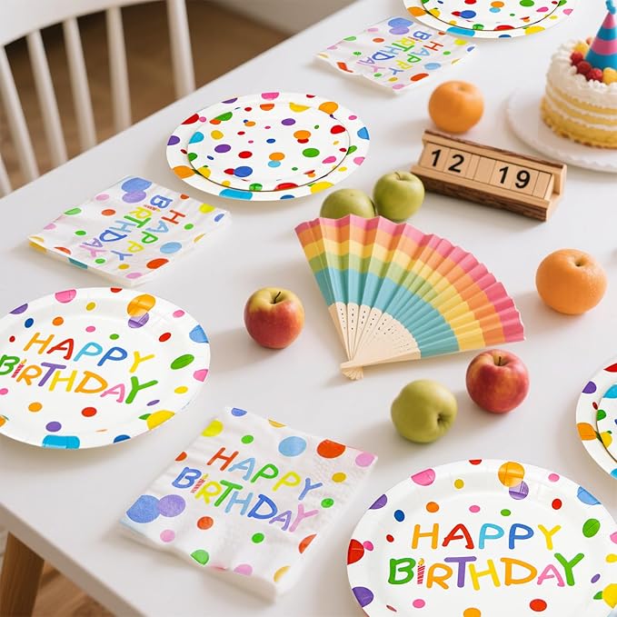 180PCS Happy Birthday Party Supplies Serves 60,Rainbow Dot Party Paper Plates and Napkins Set for Kids Boys Girls Birthday Party Decorations