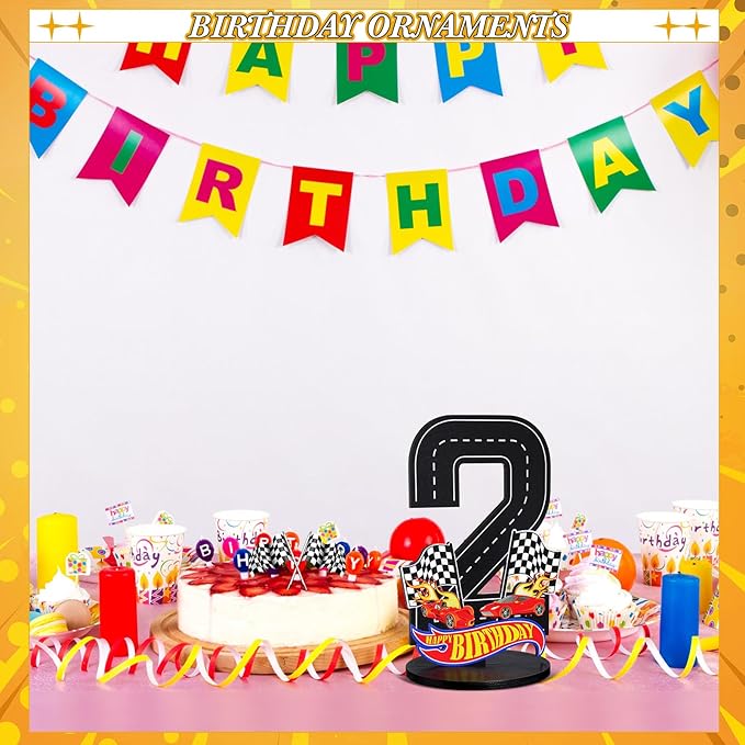 Race Car 2nd Birthday Number Sign Centerpiece Race Car Theme 2nd Birthday Party Supplies Wooden Table Decoration Photo Props for Boys Two Years Old