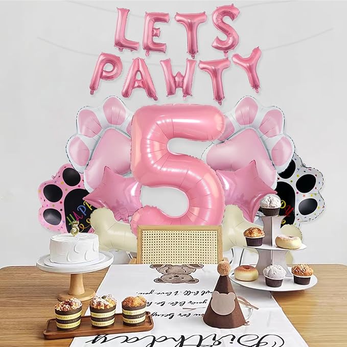5th Dog Balloons 18pcs Lets Pawty Balloons Dog Paw Birthday Decor Pink 32 inch Pink Number Balloons 5 Mylar Foil Balloons for Lets Pawty Birthday Decorations Dog 5th Birthday Party Supplies
