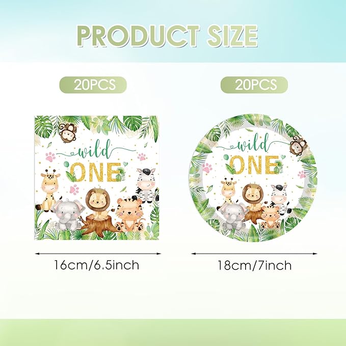 40PCS Wild One Birthday Decorations First Birthday Party Jungle Animal Safari Baby Shower Woodland themed Tableware Set Include Paper Plates, Napkins for Boys 1st Kids Wild One Party Supplies