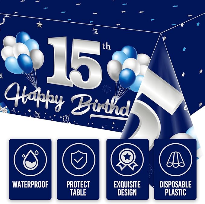 3 Pack Blue Silver 15th Birthday Tablecloth Decoration for Boy, Navy Blue Happy 15 Table Cover Party Supplies, Fifteen Years Old Birthday Disposable Rectangular Table Cloth for Indoor Outdoor