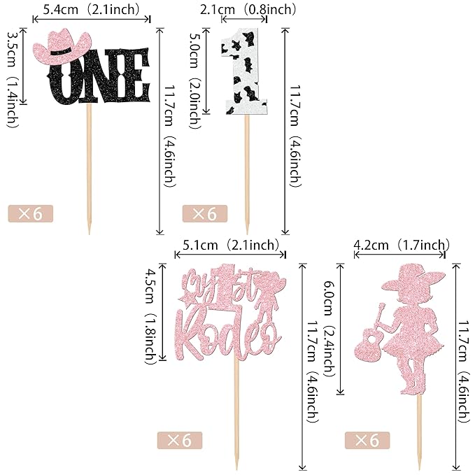 24 PCS Cowgirl 1st Birthday Cupcake Toppers Glitter My 1st Rodeo First Birthday Hat Cowgirl One Cupcake Picks for Western Theme Baby Shower Kids Girls 1st Birthday Party Cake Decorations Supplies