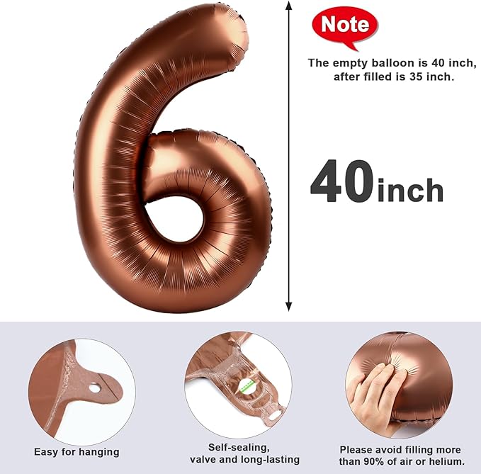 Number 6 Balloon 40 Inch, 6 7 Six Seven Birthday Decorations, 6th Birthday Balloon for Men Women, Coffee Brown 16 60 61 65 Numbers Balloons Graduations Anniversary Supplies