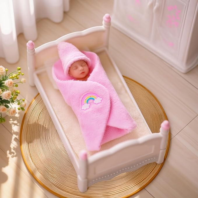 BABESIDE Mini Silicone Baby Dolls, 3 Inch Realistic Newborn Baby Dolls Full Silicone Sleeping Little Mini Real Life Baby Girl Miniature Baby with Playset Accessories(Pink)