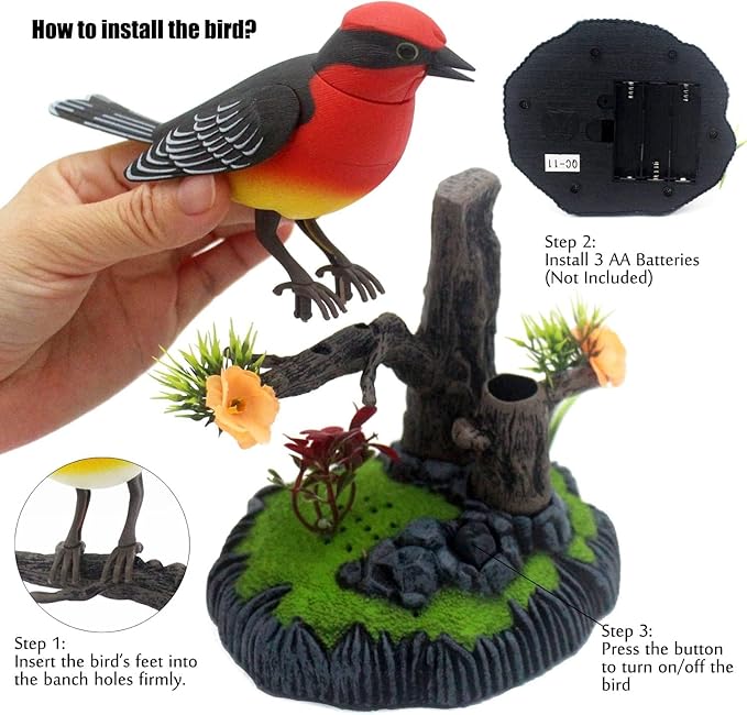 nulala Simulation Parrots Birds Ornament - Voice Controlled Scarlet Robin Parrots Chirping and Wings Flap - Electronic Birds Pet for Home Garden Decor (506A)