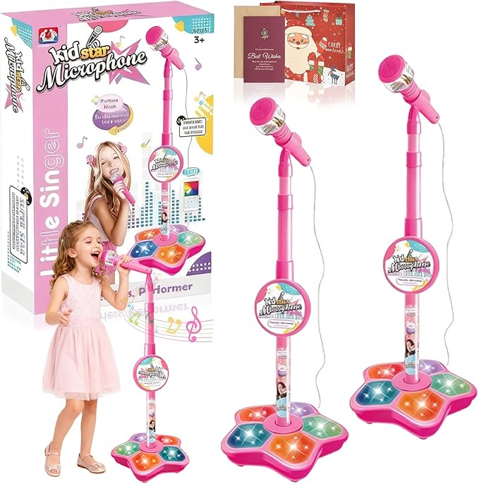 The All-in-One Microphone Toy, Funny Kids Microphone with Adjustable Stand, Speaker & Colorful LED, Multi-Functional Karaoke Microphone Toy for Boys & Girls, Gifts for Little Singers (2-Pink)