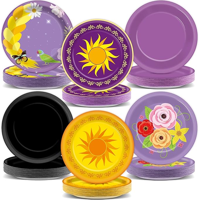 48Pcs Purple Sun Paper Plates Purple Princess Birthday Party Decorations 7 Inch Princess Sun Floral Pan Hair Dessert Plates Disposable Tableware Set for Baby Shower Wedding Party Supplies