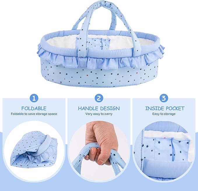 Aori Reborn Baby Dolls Outfit Set with Bassinet Accessories 7 Pieces - Realistic Babies Carrier Bed and Clothes for 16-18 Inch Newborn Lifelike Reborn Doll, Blue