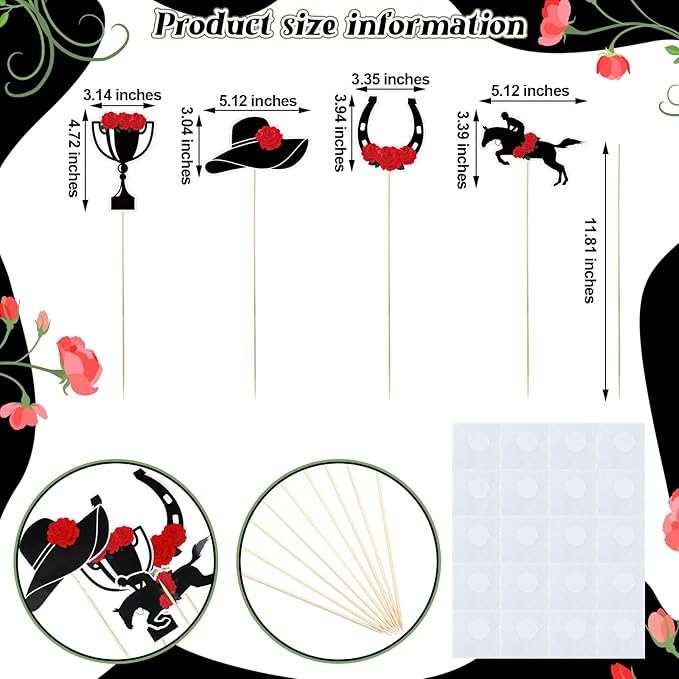 24 Pcs Double-sided Derby Party Supplies Decoration Sticks Set for Table Centerpieces Kentucky Horse Racing Theme Party Decorations for the Roses Derby Day Birthday Supplies