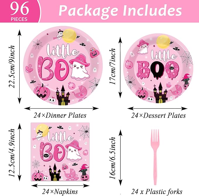 ZOIIWA 96PCS Halloween Little Boo Baby Shower Party Tableware Set for Girls Ghost Party Supplies for 24 Guests Disposable Pink and Black Boo Dinnerware Plates Napkins Forks for Halloween Party Favors