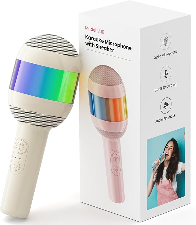 Karaoke Machine for Kids Adults, Portable Bluetooth Microphone Song Toys with LED Light, Best Chritmas Birthday Festival Party Gift for 3 4 5 6 7 8 9 10 11 12+ Year Old Girls Boys (Beige)