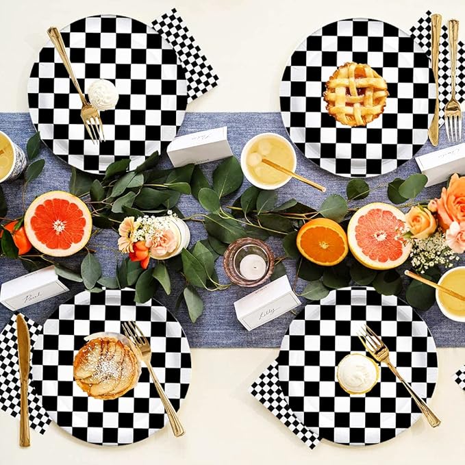 40 Pcs Black & White Checkered Party Supplies - Racing Themed Paper Plates, 7" Dessert Plates for Kids Sports Themed Race Car Birthday Party Decorations