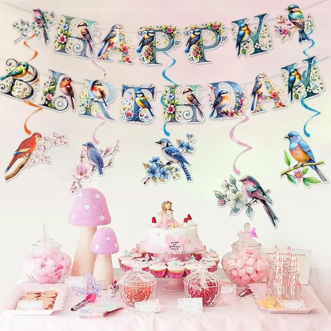 Zwiebeco Multicolored Flowers Birds Happy Birthday Banner Bunting Hanging Paper Swirls Garland Party Decorations for Boys Girls Kids Baby Shower Spring Summer Themed Bday Decor Accessories Supplies
