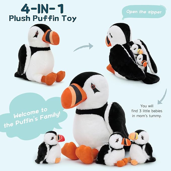 13.7" Puffin Plush Toy with Back Zipper, Includes 3 Adorable Baby Puffin Stuffed Inside - Soft & Safe Stuffed Animal for Kids, Perfect for Bedtime Companion, Gift, or Room Decor