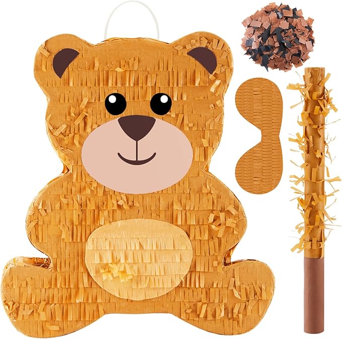 Lewtemi 14.5 Inch Bear Piñata Bear Themed Birthday Party Supplies Animal Piñata with Wood Bat Stick, Paper Blindfold and Confetti for Valentine Baby Shower Party Decor Kid Adult Boy Girl