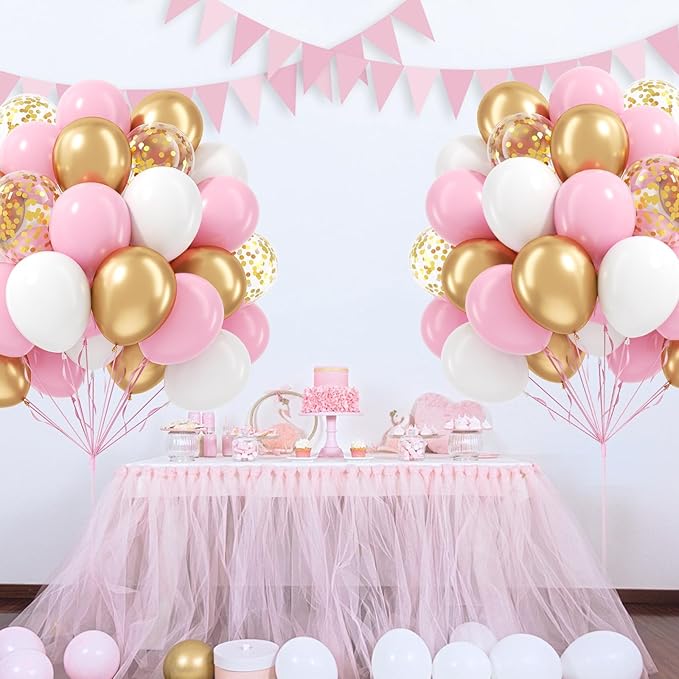 60pcs Pink and Gold Balloons 12inch, Pink and White Balloon with Metallic Gold Confetti Balloons for Baby Shower Wedding Birthday Party Decorations
