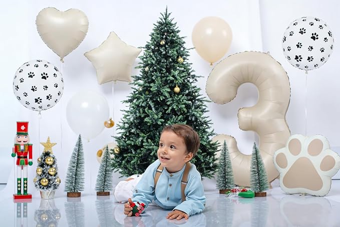 3rd Birthday Dog Paw Balloons Set,18'' Paw Prints, Heart,Star,Paw Shaped Foil Balloon 40 Inch Cream Number 3 Helium balloons for Puppy Themed Third Anniversary Birthday Party Decorations Supplies 6PCS