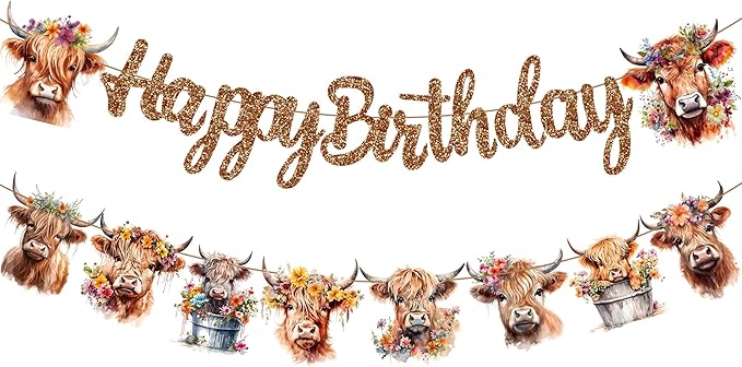 Brown Glitter Highland Cow Birthday Banner - Cattle Themed Party Decorations for Baby Shower Supplies