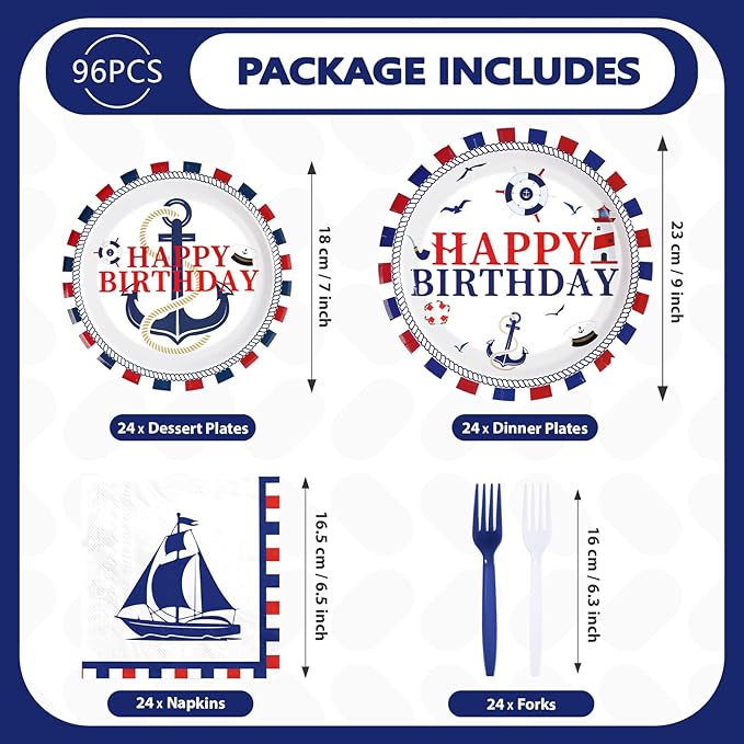96 Pcs Nautical Party Supplies Sailing Party Decoration Plates and Napkins Red White and Blue Tableware Set for Boy Birthday Baby Shower Nautical Theme Celebrations Serves 24