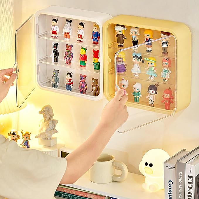 Clear Display Case for Figures, Wall-Mounted Doll Storage Box Cabinet Organizer 3-Layer Acrylic Dustproof Display Cabinet Box for Collectibles Action Figures Pop Mart (Yellow)