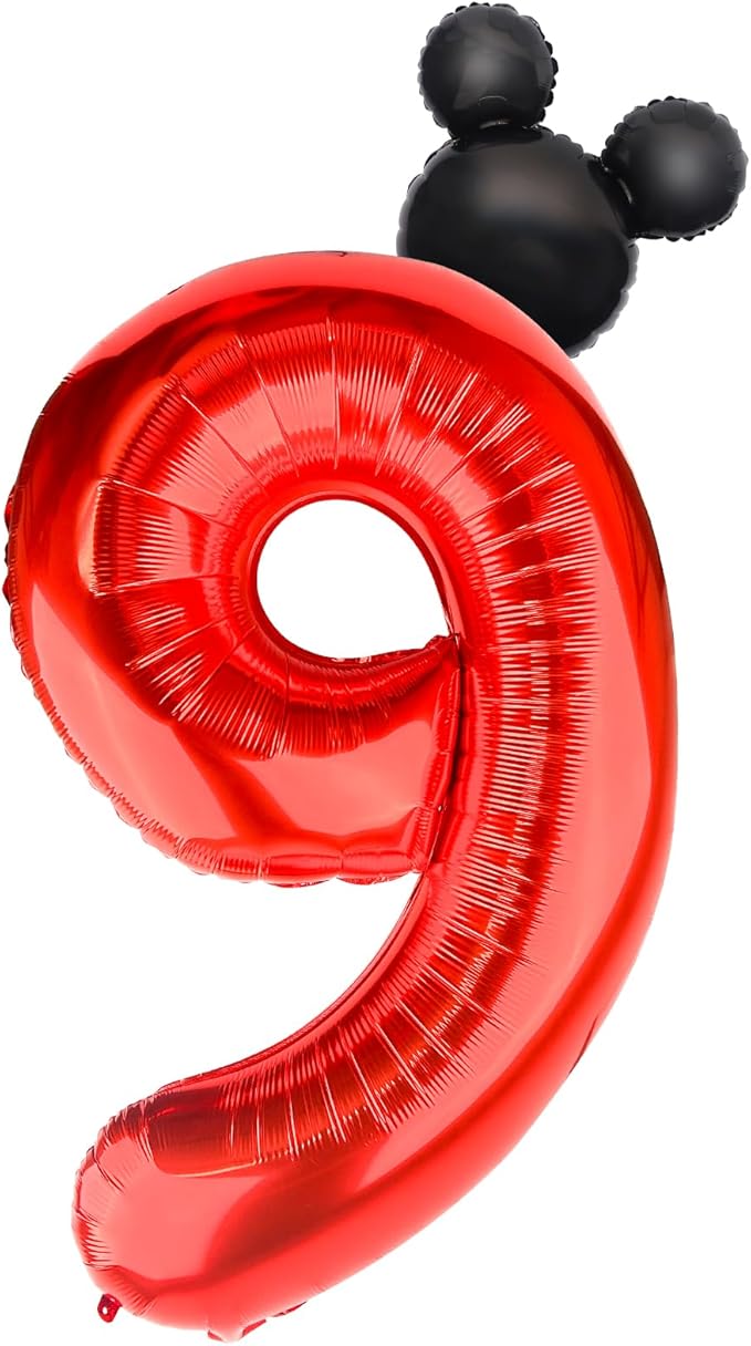 Mouse Number 9 Balloon 40 Inch Red Number 9 Balloon Mini Mouse Head Balloons Large Black Red Numeral Balloons for 9th Themed Birthday Baby Shower Decoration