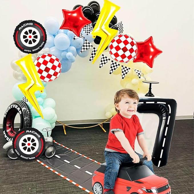 Race Car Birthday Party Decorations Large Lightning Bolt Foil Balloons Race Car Balloons 40 Inch Racetrack Number 7 Balloon for Boys 7th Race Car Birthday Party Decor Supplies