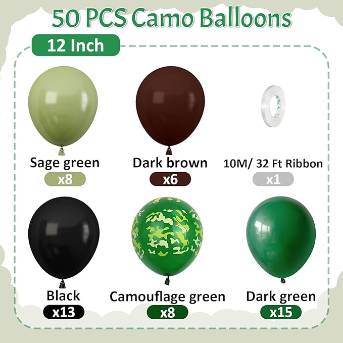 Paready Camo Balloons, 50 Pcs Green and Brown Balloons, Camouflage Army Balloon, 12 Inch Dark Sage Green Black Balloons Latex for Birthday Baby Shower Camping Woodland Hunting Jungle Party Decorations