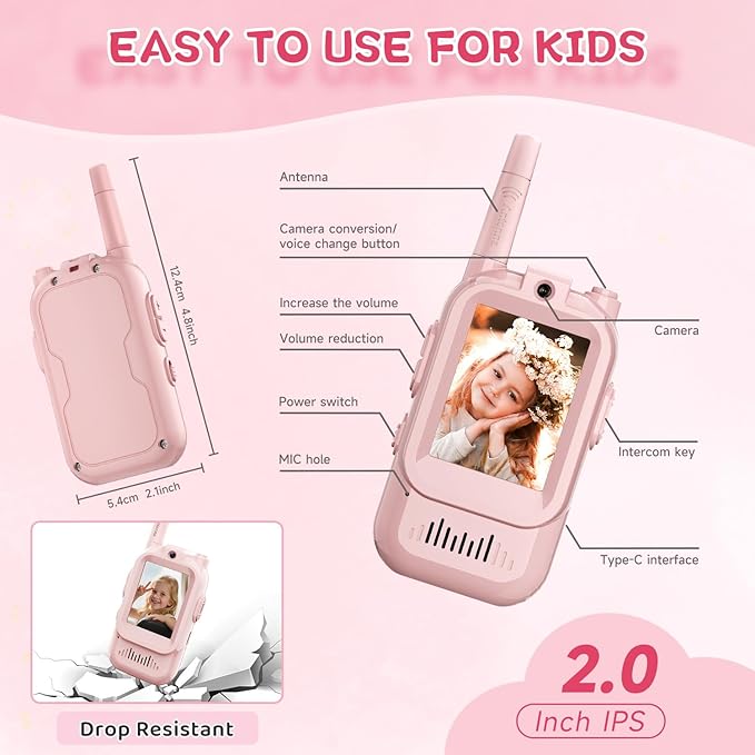Video Walkie Talkies for Kids, Handheld 2 Pack Rechargeable Video Intercom Kids Walkies Talkies, Indoor Outdoor Toys for Family Games, Outside, Camping, Hiking for Boys Girls Ages 3-12 (Pink/Pink)