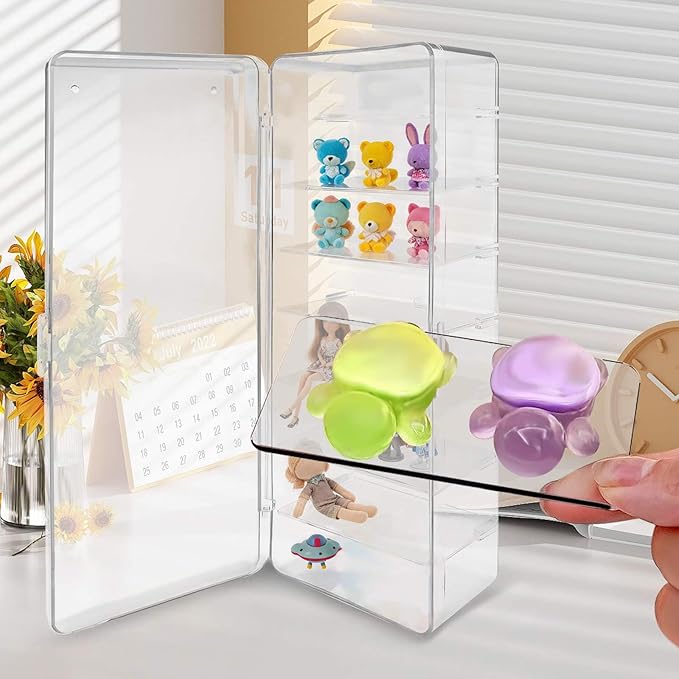 Huakaile Acrylic Clear Action Figure Display Case, 10.4'' x 3.8''/26.5 x 9.7 CM Display Case for Collectibles 8 Tier Movable Shelf Mini Storage Blind Box Cabinet Organizer Miniature Doll Showcase