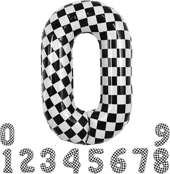 TONIFUL 40 Inch Checkered Number 0 Balloon Race Car Birthday Party Supplies Black and White Large Digital 0 Number Balloon for Girls Boys Birthday Fast Race Car Flag Party Decorations
